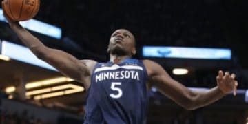 MINNEAPOLIS, MN - OCTOBER 19: Gorgui Dieng #5 of the Minnesota Timberwolves dunks the ball against the Cleveland Cavaliers on October 19, 2018 at Target Center in Minneapolis, Minnesota. NOTE TO USER: User expressly acknowledges and agrees that, by downloading and/or using this photograph, user is consenting to the terms and conditions of the Getty Images License Agreement. Mandatory Copyright Notice: Copyright 2018 NBAE (Photo by Jordan Johnson/NBAE via Getty Images)