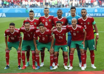 SAINT PETERSBURG, RUSSIA - JUNE 15: Morocco team pose for a team photograph with one player missing during the 2018 FIFA World Cup Russia group B match between Morocco and Iran at Saint Petersburg Stadium on June 15, 2018 in Saint Petersburg, Russia. (Photo by Ian MacNicol/Getty Images)