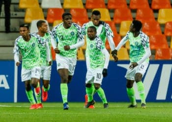 BIELSKO-BIALA, POLAND - MAY 30: Muhamed Tijani of Nigeria celebrates after scoring his team's first goal with team mates during the 2019 FIFA U-20 World Cup group D match between Nigeria and Ukraine at Bielsko-Biala Stadium on May 30, 2019 in Bielsko-Biala, Poland. (Photo by TF-Images/Getty Images)