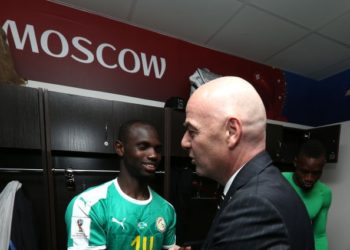 MOSCOW, RUSSIA - JUNE 19:  FIFA president Gianni Infantino congratulates Moussa Konate of Senegal following the 2018 FIFA World Cup Russia group H match between Poland and Senegal at Spartak Stadium on June 19, 2018 in Moscow, Russia.  (Photo by Joosep Martinson - FIFA/FIFA via Getty Images)
