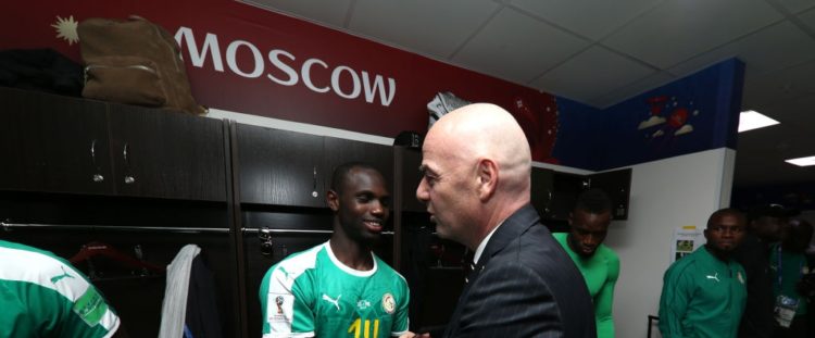MOSCOW, RUSSIA - JUNE 19:  FIFA president Gianni Infantino congratulates Moussa Konate of Senegal following the 2018 FIFA World Cup Russia group H match between Poland and Senegal at Spartak Stadium on June 19, 2018 in Moscow, Russia.  (Photo by Joosep Martinson - FIFA/FIFA via Getty Images)