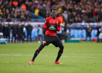 PARIS, FRANCE - APRIL 27: Ismaila Sarr #7 of Stade Rennais FC reacts after scoring during the penalty session of the Coupe de France Final match between Stade Rennais and Paris Saint-Germain at Stade de France on April 27, 2019 in Paris, France. (Photo by Catherine Steenkeste/Getty Images)
