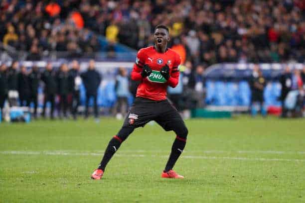 PARIS, FRANCE - APRIL 27: Ismaila Sarr #7 of Stade Rennais FC reacts after scoring during the penalty session of the Coupe de France Final match between Stade Rennais and Paris Saint-Germain at Stade de France on April 27, 2019 in Paris, France. (Photo by Catherine Steenkeste/Getty Images)