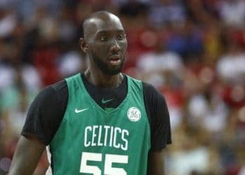 Jul 6, 2019; Las Vegas, NV, USA; Boston Celtics center Tacko Fall (55) against the Philadelphia 76ers during an NBA Summer League game at Thomas & Mack Center. Mandatory Credit: Mark J. Rebilas-USA TODAY Sports