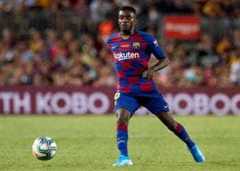 BARCELONA, SPAIN - AUGUST 04: Wague of FC Barcelona with the ball during the Joan Gamper Trophy match between FC Barcelona and Arsenal at Nou Camp on August 04, 2019 in Barcelona, Spain. (Photo by Quality Sport Images/Getty Images)