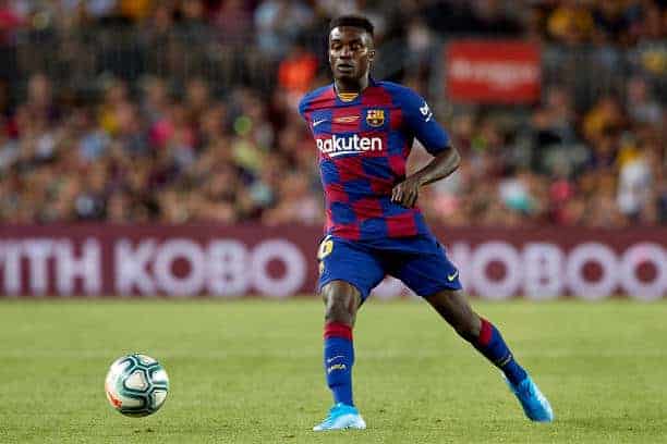 BARCELONA, SPAIN - AUGUST 04: Wague of FC Barcelona with the ball during the Joan Gamper Trophy match between FC Barcelona and Arsenal at Nou Camp on August 04, 2019 in Barcelona, Spain. (Photo by Quality Sport Images/Getty Images)