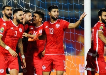 Tunisia players celebrate after Hassen Mouez of Tunisia saves a penalty during the Africa Cup of Nations 2019 Finals semifinal game between Senegal and Tunisia at 30 June Stadium in Cairo, Egypt on 14 July 2019 Photo : PA Images / Icon Sport