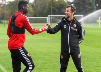 Watford FC Season             2019-20  
Pic Alan Cozzi                         10/09/2019
London Colney               Training
Watford's head coach Quique Sanchez-Flores with Ismaila Sarr