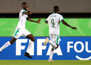 VITORIA, BRAZIL - OCTOBER 30: Pape Sarr of Senegal celebrates with Souleymane Faye after scoring a goal during the FIFA U-17 World Cup Brazil 2019 group D match between Netherlands and Senegal at Estádio Kléber Andrade on October 30, 2019 in Vitoria, Brazil. (Photo by Maddie Meyer - FIFA/FIFA via Getty Images)