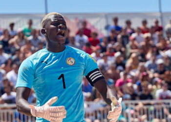 NAZARE, PORTUGAL - AUGUST 13: Al Seyni Ndiaye of Senegal reacts during the match between Portugal and Senegal during day 1 of Mundialito Nazare 2019 at Estadio Do Viveiro on August 13, 2019 in Nazare, Portugal. (Photo by Quality Sport Images/Getty Images)