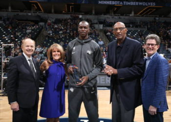 MINNEAPOLIS, MN - NOVEMBER 8: Gorgui Dieng #5 of the Minnesota Timberwolves receives offseason NBA Cares Community Assist Award presented by Kaiser Permanente before a game against the Golden State Warriors on November 8, 2019 at Target Center in Minneapolis, Minnesota. NOTE TO USER: User expressly acknowledges and agrees that, by downloading and or using this Photograph, user is consenting to the terms and conditions of the Getty Images License Agreement. Mandatory Copyright Notice: Copyright 2019 NBAE (Photo by David Sherman/NBAE via Getty Images)