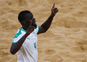 ASUNCION, PARAGUAY - NOVEMBER 24: Raoul Mendy of Senegal celebrates a goal during the FIFA Beach Soccer World Cup Paraguay 2019 group C match between Belarus and Senegal at Estadio Mundialista Los Pynandi on November 24, 2019 in Asuncion, Paraguay. (Photo by Buda Mendes - FIFA/FIFA via Getty Images)