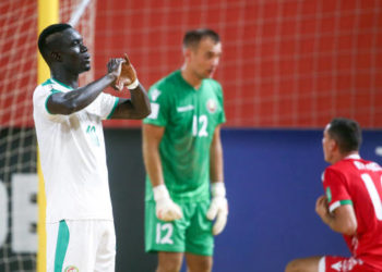 ASUNCION, PARAGUAY - NOVEMBER 24: Mamour Diagne of Senegal celebrates a goal during the FIFA Beach Soccer World Cup Paraguay 2019 group C match between Belarus and Senegal at Estadio Mundialista "Los Pynandi" on November 24, 2019 in Asuncion, Paraguay.  (Photo by Alex Grimm - FIFA/FIFA via Getty Images)