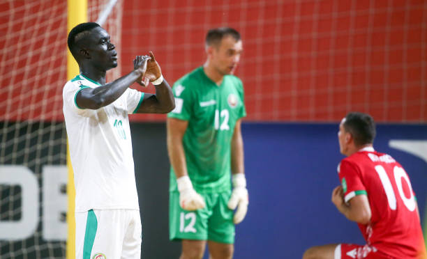 ASUNCION, PARAGUAY - NOVEMBER 24: Mamour Diagne of Senegal celebrates a goal during the FIFA Beach Soccer World Cup Paraguay 2019 group C match between Belarus and Senegal at Estadio Mundialista "Los Pynandi" on November 24, 2019 in Asuncion, Paraguay.  (Photo by Alex Grimm - FIFA/FIFA via Getty Images)