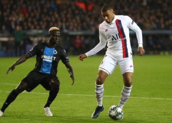 Club's Krepin Diatta and Club's Mbaye Diagne fight for the ball during a soccer game between Belgian team Club Brugge KSV and French club Paris Saint-Germain, Tuesday 22 October 2019 in Brugge, match 3/6 in the group stage of the UEFA Champions League, in Group A. BELGA PHOTO VIRGINIE LEFOUR