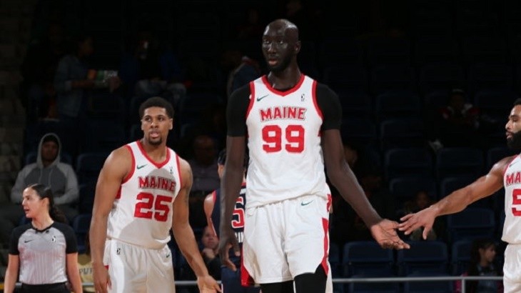 WASHINGTON, DC - DECEMBER 27: Tacko Fall #99 of the Maine Red Claws against the Capital City Go-Go during a NBA G-League game at the Entertainment and Sports Arena on December 27, 2019 in Washington, DC. NOTE TO USER: User expressly acknowledges and agrees that, by downloading and or using this photograph, User is consenting to the terms and conditions of the Getty Images License Agreement. (Photo by Ned Dishman/NBAE via Getty Images)