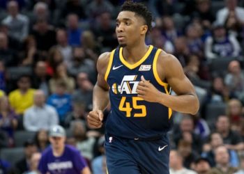 Jan 17, 2018; Sacramento, CA, USA; Utah Jazz guard Donovan Mitchell (45) jogs up the court during the fourth quarter of the game against the Sacramento Kings at Golden 1 Center. Mandatory Credit: Ed Szczepanski-USA TODAY Sports