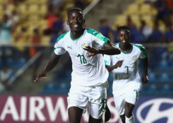 VITORIA, BRAZIL - OCTOBER 30: Pape Sarr of Senegal  celebrates a scored goal during the FIFA U-17 Men's World Cup Brazil 2019 group  match Netherlands and Senegal at at Estadio Kleber Andrade Stadium on October 30, 2019 in Vitoria, Brazil. (Photo by Bruna Prado - FIFA/FIFA via Getty Images)