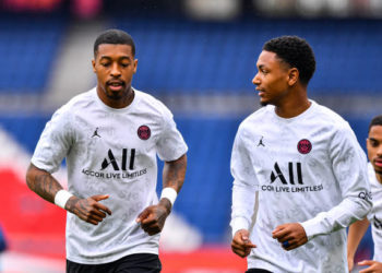 Presnel KIMPEMBE of Paris Saint Germain (PSG) and Abdou DIALLO of Paris Saint Germain (PSG) prior to the French Ligue 1 soccer match between Paris Saint-Germain and RC Lens at Parc des Princes on May 1, 2021 in Paris, France. (Photo by Baptiste Fernandez/Icon Sport via Getty Images)