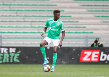 Pape Abou CISSE of Saint Étienne during the Ligue 1 match between AS Saint-Etienne and Olympique Marseille at Stade Geoffroy-Guichard on May 9, 2021 in Saint-Etienne, France. (Photo by Romain Biard/Icon Sport via Getty Images)