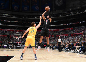 LOS ANGELES, CA - JUNE 14: Marcus Morris Sr. #8 of the LA Clippers shoots the ball against the Utah Jazz during Round 2, Game 4 of 2021 NBA Playoffs on June 14, 2021 at STAPLES Center in Los Angeles, California. NOTE TO USER: User expressly acknowledges and agrees that, by downloading and/or using this Photograph, user is consenting to the terms and conditions of the Getty Images License Agreement. Mandatory Copyright Notice: Copyright 2021 NBAE (Photo by Adam Pantozzi/NBAE via Getty Images)