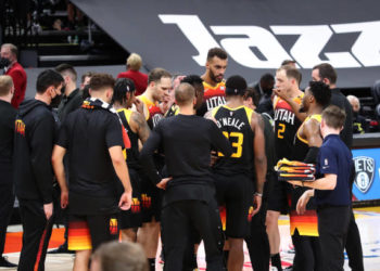 SALT LAKE CITY, UT - JUNE 16: Utah Jazz players huddle up during the game against the LA Clippers during Round 2, Game 5 of the 2021 NBA Playoffs on June 16, 2021 at vivint.SmartHome Arena in Salt Lake City, Utah. NOTE TO USER: User expressly acknowledges and agrees that, by downloading and or using this Photograph, User is consenting to the terms and conditions of the Getty Images License Agreement. Mandatory Copyright Notice: Copyright 2021 NBAE (Photo by Melissa Majchrzak/NBAE via Getty Images)