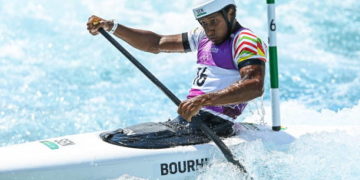 Tokyo , Japan - 25 July 2021; Jean Pierre Bourhis of Senegal in action during the Mens C1 Canoe Slalom heats at the Kasai Canoe Slalom Centre during the 2020 Tokyo Summer Olympic Games in Tokyo, Japan. (Photo By Ramsey Cardy/Sportsfile via Getty Images)