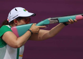 ASAKA, JAPAN - JULY 26: Chiara Costa of Team Senegal during Skeet Women's Qualification on day three of the Tokyo 2020 Olympic Games at Asaka Shooting Range on July 26, 2021 in Asaka, Saitama, Japan.  (Photo by Kevin C. Cox/Getty Images)