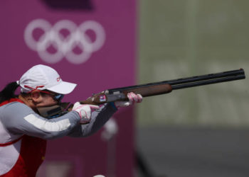 ASAKA, JAPAN - JULY 25: Donglian Zhang of Team China during the Women's Skeet Qualification event on day two of the Tokyo 2020 Olympic Games at Asaka Shooting Range on July 25, 2021 in Asaka, Saitama, Japan.