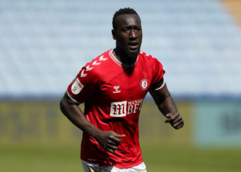 SHEFFIELD, ENGLAND - APRIL 17: Famara Diedhiou of Bristol City during the Sky Bet Championship match between Sheffield Wednesday and Bristol City at Hillsborough Stadium on April 17, 2021 in Sheffield, England. Sporting stadiums around the UK remain under strict restrictions due to the Coronavirus Pandemic as Government social distancing laws prohibit fans inside venues resulting in games being played behind closed doors. (Photo by James Williamson - AMA/Getty Images)