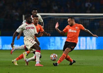 KHARKIV, UKRAINE - AUGUST 25, 2021: Monaco celebrating goal. The UEFA Champions League, match Shakhtar vs Monaco