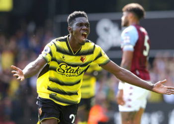 WATFORD, ENGLAND - AUGUST 14: Ismaila Sarr of Watford celebrates scoring their 2nd goal during the Premier League match between Watford  and  Aston Villa at Vicarage Road on August 14, 2021 in Watford, England. (Photo by Charlotte Wilson/Offside/Offside via Getty Images)