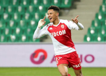 SAINT-ETIENNE, FRANCE - MARCH 19: Sofiane Diop of Monaco celebrates his goal during the Ligue 1 match between AS Saint-Etienne (ASSE) and AS Monaco  (ASM) at Stade Geoffroy-Guichard on March 19, 2021 in Saint-Etienne, France. (Photo by John Berry/Getty Images)