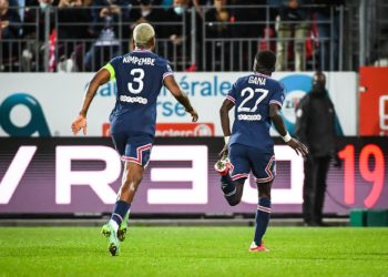 Idrissa GUEYE of PSG celebrate his goal with teammates during the Ligue 1 Uber Eats match between Brest and Paris Saint Germain at Stade Francis Le Ble on August 20, 2021 in Brest, France. (Photo by Matthieu Mirville/Icon Sport) - Stade Francis-Le-Blé - Brest (France)