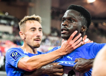 (12) Bamba DIENG of Marseille celebrates his goal during the Ligue 1 Uber Eats match between Monaco and Marseille at Stade Louis II on September 11, 2021 in Monaco, Monaco. (Photo by FEP/Philippe Lecoeur/Icon Sport via Getty Images)