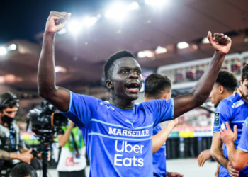 (12) Bamba DIENG of Marseille celebrates his goal during the Ligue 1 Uber Eats match between Monaco and Marseille at Stade Louis II on September 11, 2021 in Monaco, Monaco. (Photo by FEP/Philippe Lecoeur/Icon Sport) - Bamba DIENG - Stade Louis II - Monaco (Monaco)