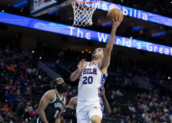 PHILADELPHIA, PA - OCTOBER 11: Georges Niang #20 of the Philadelphia 76ers shoots the ball against the Brooklyn Nets at the Wells Fargo Center on October 11, 2021 in Philadelphia, Pennsylvania. NOTE TO USER: User expressly acknowledges and agrees that, by downloading and or using this photograph, User is consenting to the terms and conditions of the Getty Images License Agreement. (Photo by Mitchell Leff/Getty Images)