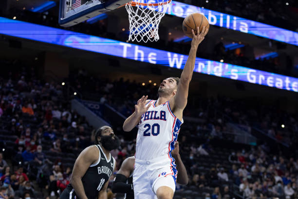 PHILADELPHIA, PA - OCTOBER 11: Georges Niang #20 of the Philadelphia 76ers shoots the ball against the Brooklyn Nets at the Wells Fargo Center on October 11, 2021 in Philadelphia, Pennsylvania. NOTE TO USER: User expressly acknowledges and agrees that, by downloading and or using this photograph, User is consenting to the terms and conditions of the Getty Images License Agreement. (Photo by Mitchell Leff/Getty Images)
