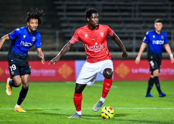 Sidy SARR of Nimes  during the Ligue 1 match between Nimes Olympique and OGC Nice at Costieres Stadium on December 16, 2020 in Nimes, France.  (Photo by Alexandre Dimou/Icon Sport)