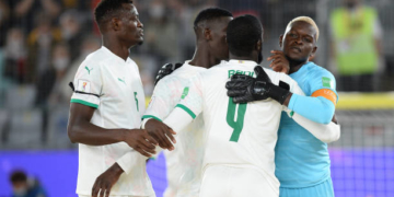 MOSCOW, RUSSIA - AUGUST 22: Raoul Mendy of Senegal celebrates with teammates after scoring their side's first goal  during the FIFA Beach Soccer World Cup 2021 group D match between Portugal and Senegal at Luzhniki Beach Soccer Stadium on August 22, 2021 in Moscow, Russia. (Photo by Octavio Passos - FIFA/FIFA via Getty Images)