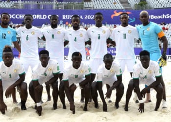 MOSCOW, RUSSIA - AUGUST 24: Senegal pose for a picture ahead of the FIFA Beach Soccer World Cup 2021 group D match between Oman and Senegal at Luzhniki Beach Soccer Stadium on August 24, 2021 in Moscow, Russia. (Photo by Octavio Passos - FIFA/FIFA via Getty Images)