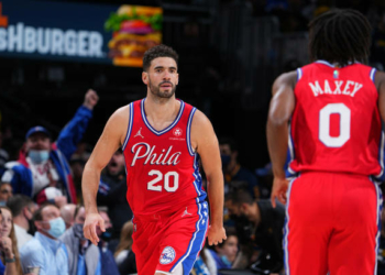 DENVER, CO - NOVEMBER 18: Georges Niang #20 of the Philadelphia 76ers reacts during a game against the Denver Nuggets on November 18, 2021 at the Ball Arena in Denver, Colorado. NOTE TO USER: User expressly acknowledges and agrees that, by downloading and/or using this Photograph, user is consenting to the terms and conditions of the Getty Images License Agreement. Mandatory Copyright Notice: Copyright 2021 NBAE (Photo by Bart Young/NBAE via Getty Images)