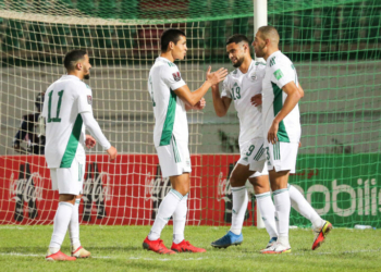 Algerian players celebrate a goal during the Qatar 2022 FIFA World Cup qualifier between Algeria and Niger held at Mustapha Tchaker Stadium in Blida, Algeria on 8 October 2021 © Sports Inc 
By Icon Sport - --- - Islam SLIMANI -  (Algerie)