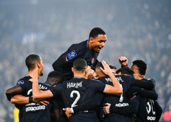 Abdou DIALLO of PSG celebrates a goal with his team mates during the Ligue 1 match between Paris Saint Germain and Nantes on November 20, 2021 in Paris, France. (Photo by Anthony Dibon/Icon Sport via Getty Images)