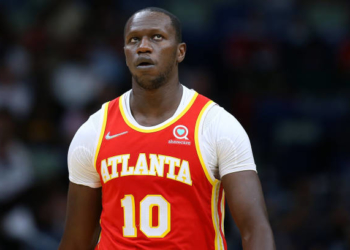 NEW ORLEANS, LOUISIANA - OCTOBER 27: Gorgui Dieng #10 of the Atlanta Hawks reacts against the New Orleans Pelicans during the second half at the Smoothie King Center on October 27, 2021 in New Orleans, Louisiana. NOTE TO USER: User expressly acknowledges and agrees that, by downloading and or using this Photograph, user is consenting to the terms and conditions of the Getty Images License Agreement. (Photo by Jonathan Bachman/Getty Images)