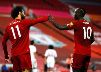 Liverpool's Sadio Mane (right) celebrates scoring his side's fourth goal of the game with Mohamed Salah during the Premier League match at Anfield, Liverpool. 
Photo by Icon Sport - Mohamed SALAH - Sadio MANE - Anfield Road - Liverpool (Angleterre)