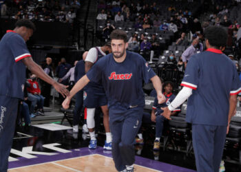 SACRAMENTO, CA - NOVEMBER 22: Georges Niang #20 of the Philadelphia 76ers gets introduced into the starting lineup against the Sacramento Kings on November 22, 2021 at Golden 1 Center in Sacramento, California. NOTE TO USER: User expressly acknowledges and agrees that, by downloading and or using this photograph, User is consenting to the terms and conditions of the Getty Images Agreement. Mandatory Copyright Notice: Copyright 2021 NBAE (Photo by Rocky Widner/NBAE via Getty Images)