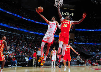 ATLANTA, GA - DECEMBER 13: Christian Wood #35 of the Houston Rockets drives to the basket against the Atlanta Hawks on December 13, 2021 at State Farm Arena in Atlanta, Georgia. NOTE TO USER: User expressly acknowledges and agrees that, by downloading and/or using this Photograph, user is consenting to the terms and conditions of the Getty Images License Agreement. Mandatory Copyright Notice: Copyright 2021 NBAE (Photo by Scott Cunningham/NBAE via Getty Images)
