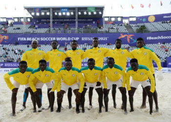 MOSCOW, RUSSIA - AUGUST 29: The Senegal players pose for a team photo prior to the FIFA Beach Soccer World Cup 2021 3rd Place match between Switzerland and Senegal at Luzhniki Beach Soccer Stadium on August 29, 2021 in Moscow, Russia. (Photo by Octavio Passos - FIFA/FIFA via Getty Images)