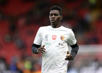WATFORD, ENGLAND - NOVEMBER 20: Ismaila Sarr of Watford FC warms up prior to the Premier League match between Watford and Manchester United at Vicarage Road on November 20, 2021 in Watford, England. (Photo by Alex Pantling/Getty Images)